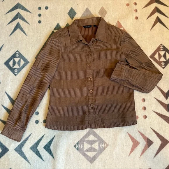 Toni Morgan Medium Chocolate Brown Jacket Button Down Pleated Collared Patterned - Picture 2 of 16